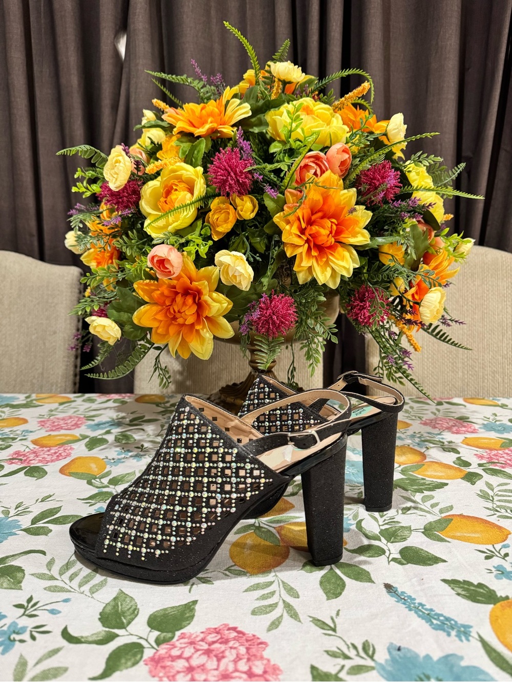 Women's Black Sparkling Rhinestone Slingback Block-Heel Sandals Shoes